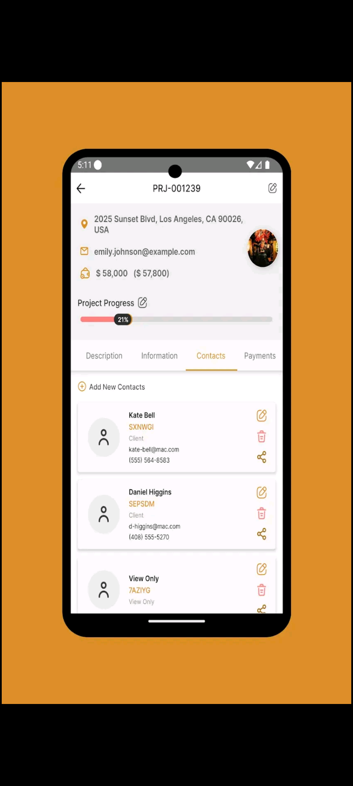 24 Hour Status — Project detail with contacts and budget
