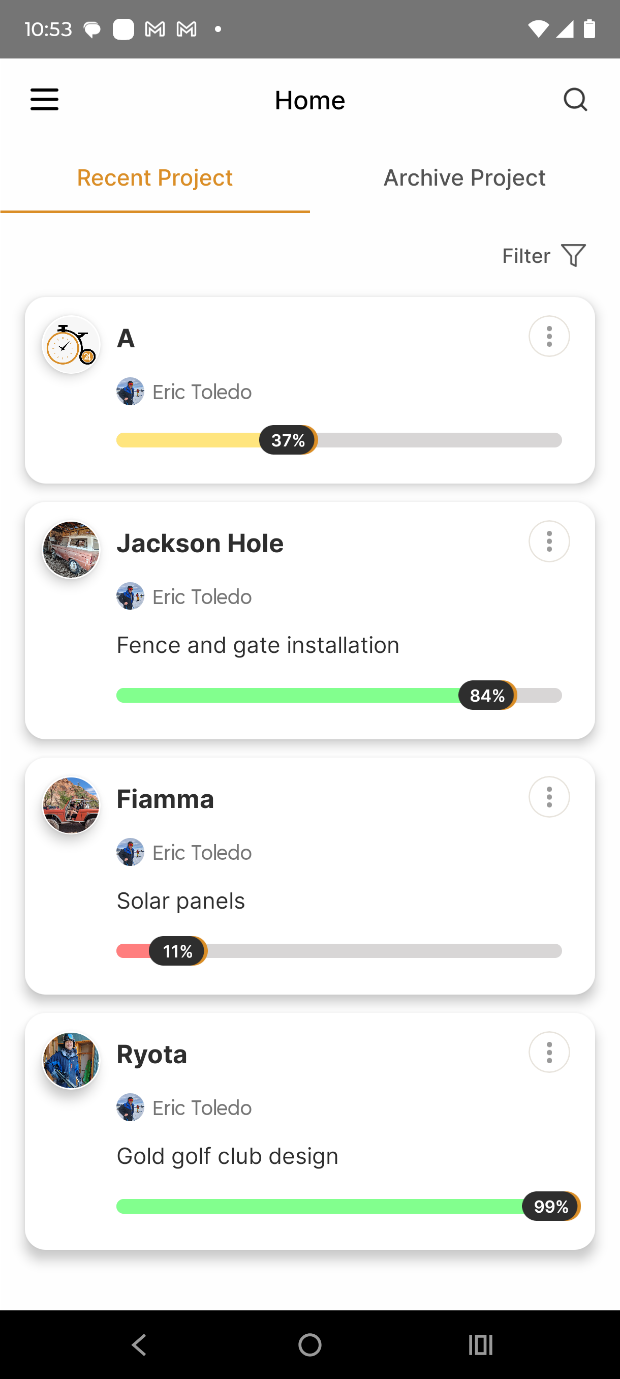 24 Hour Status — Recent Projects screen showing live progress bars